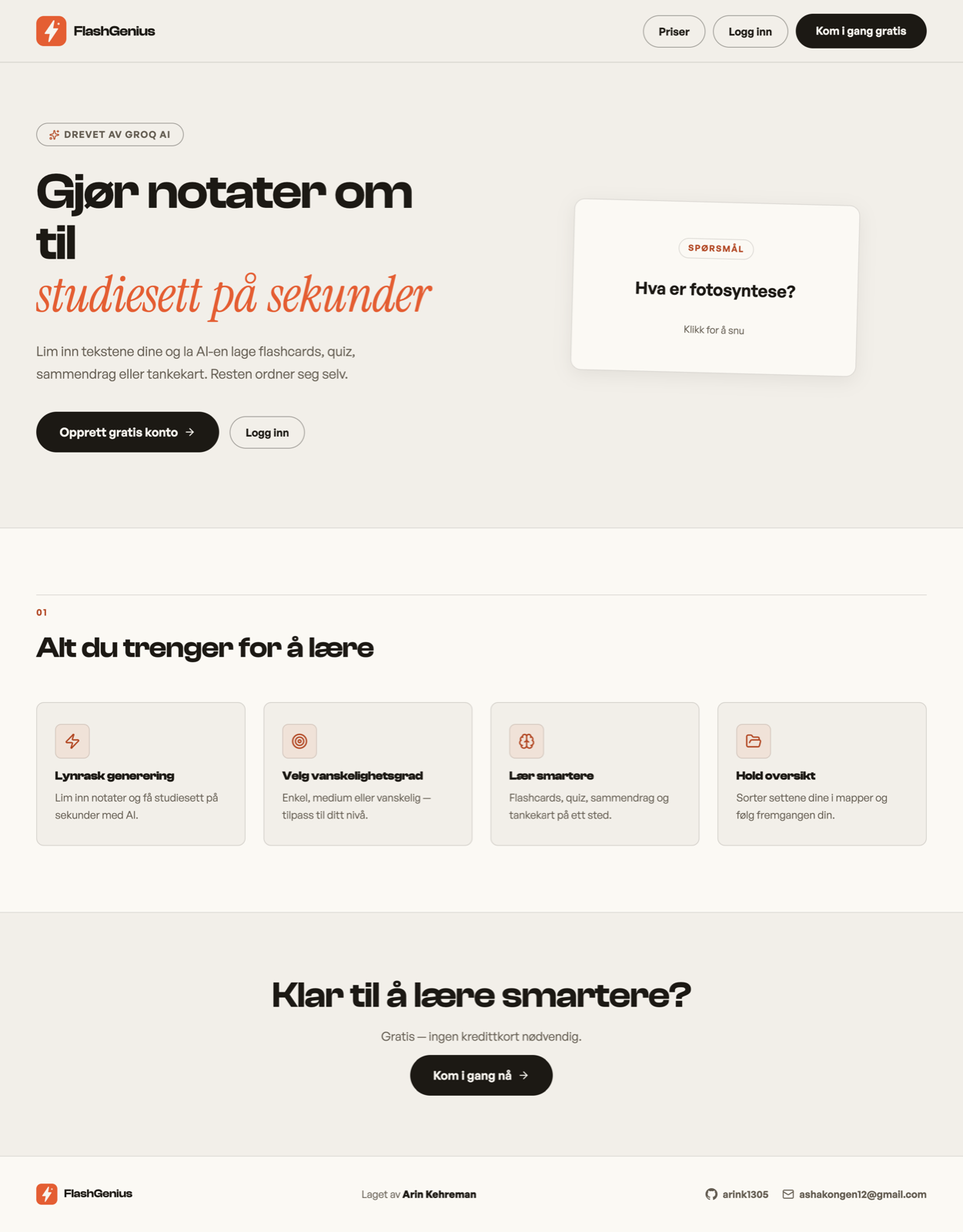 FlashGenius landing page with the headline and a sample flashcard