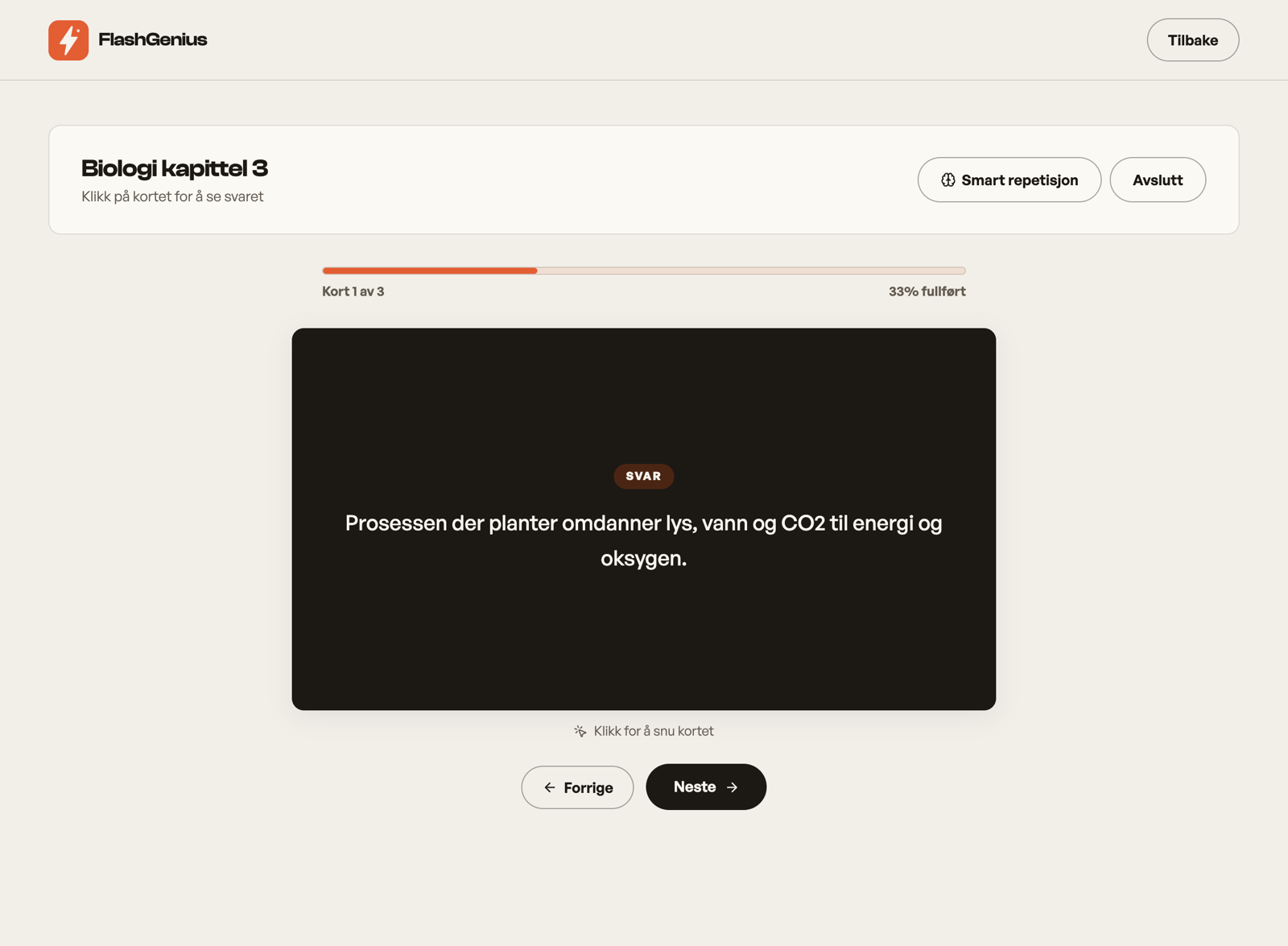 FlashGenius study mode with a flashcard flipped to show the answer