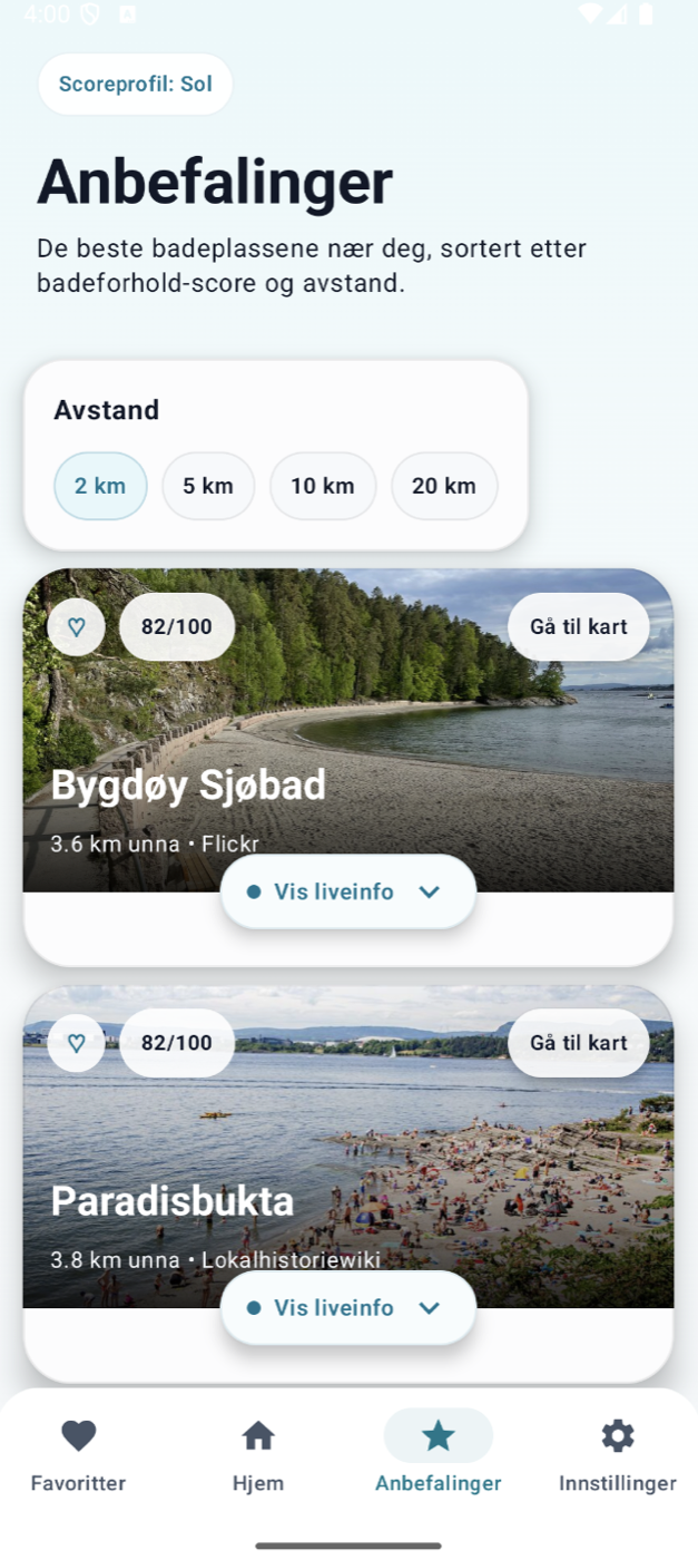Spl&aelig;sh recommendations screen listing nearby beaches with a bathing score