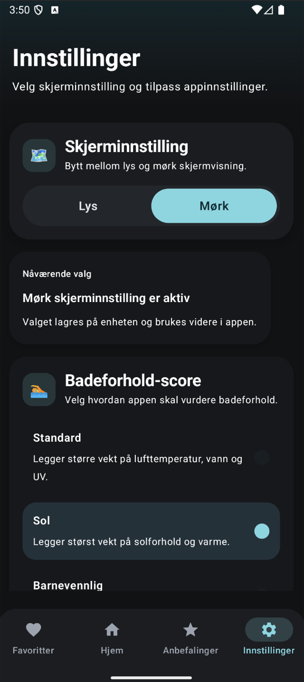 Spl&aelig;sh settings screen in dark mode with score profile options