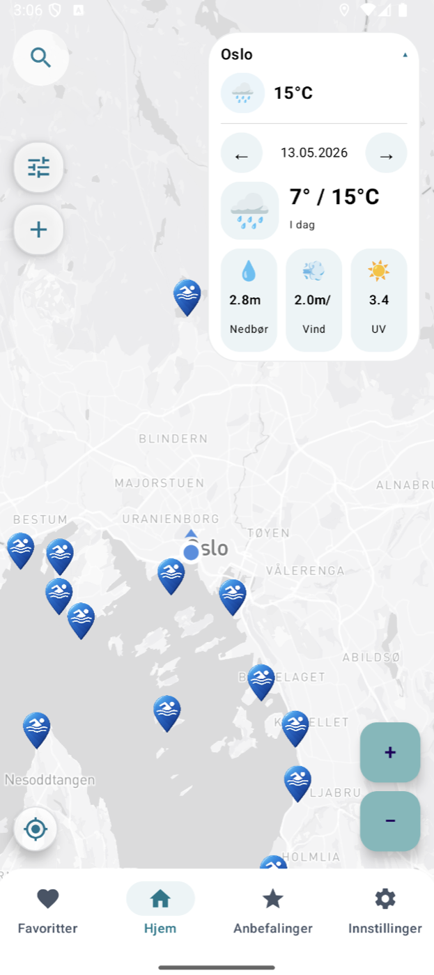 Spl&aelig;sh map view showing bathing places around Oslo with a weather card